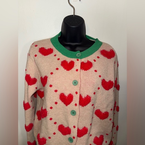 SHEIN Heart Patterned Cardigan Sweater Medium Tan Red Green Valentine's Day - Picture 1 of 9